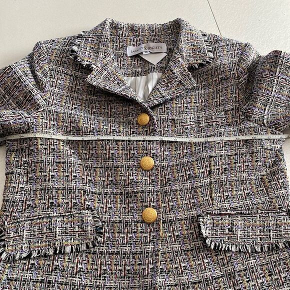 𝅺jacket Society cropped tweed Lurex fringe gold buttons tailored blazer Sz S - Picture 9 of 15